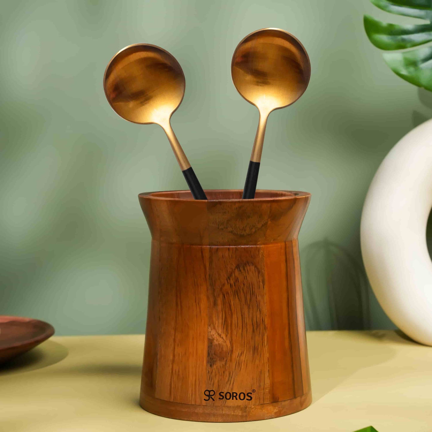Teak Wood Round Spoon Stand
