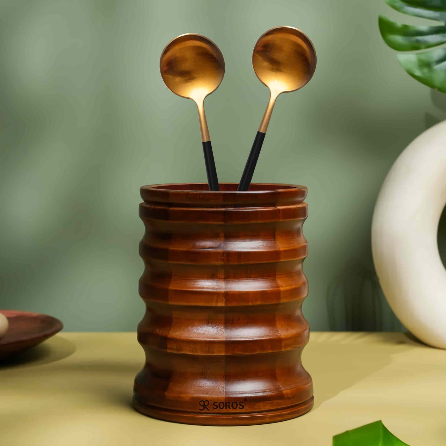 Teak Wood Round Spoon Stand