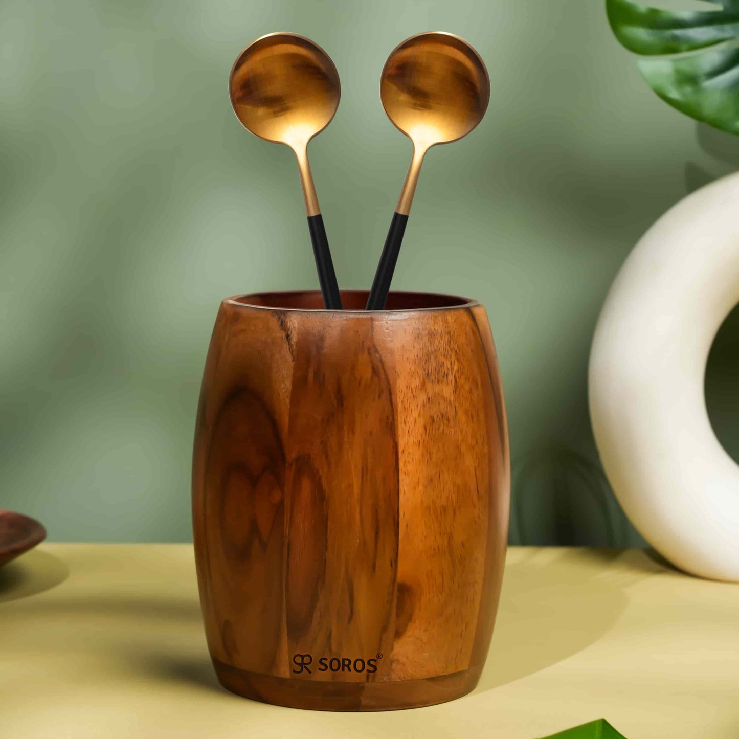 Teak Wood Round Spoon Stand