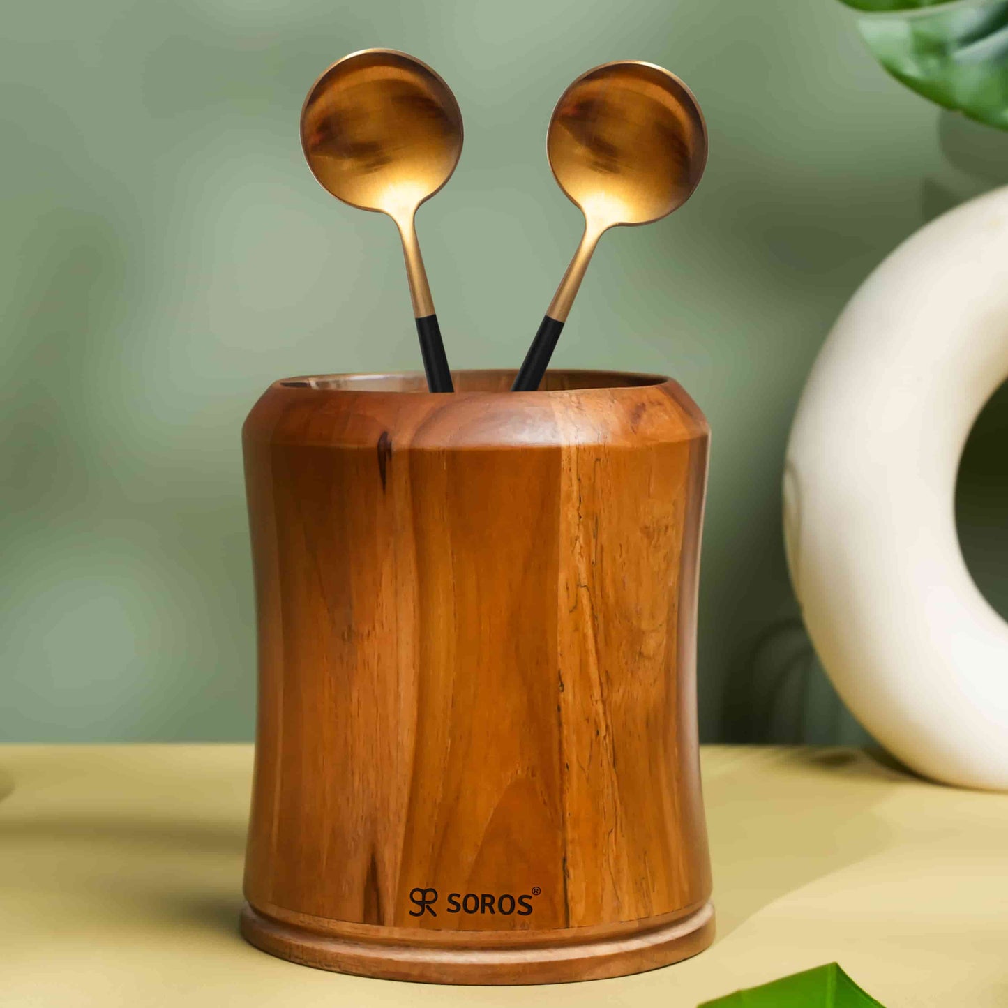 Teak Wood Round Spoon Stand